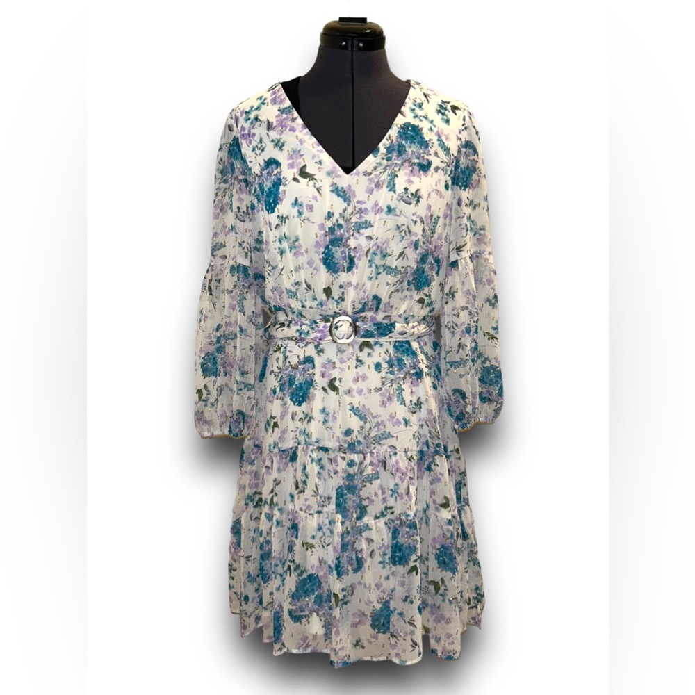 Taylor • Floral Dress, Long Sleeve. Sheer, Flowy, V Neck, Belted, Size 10